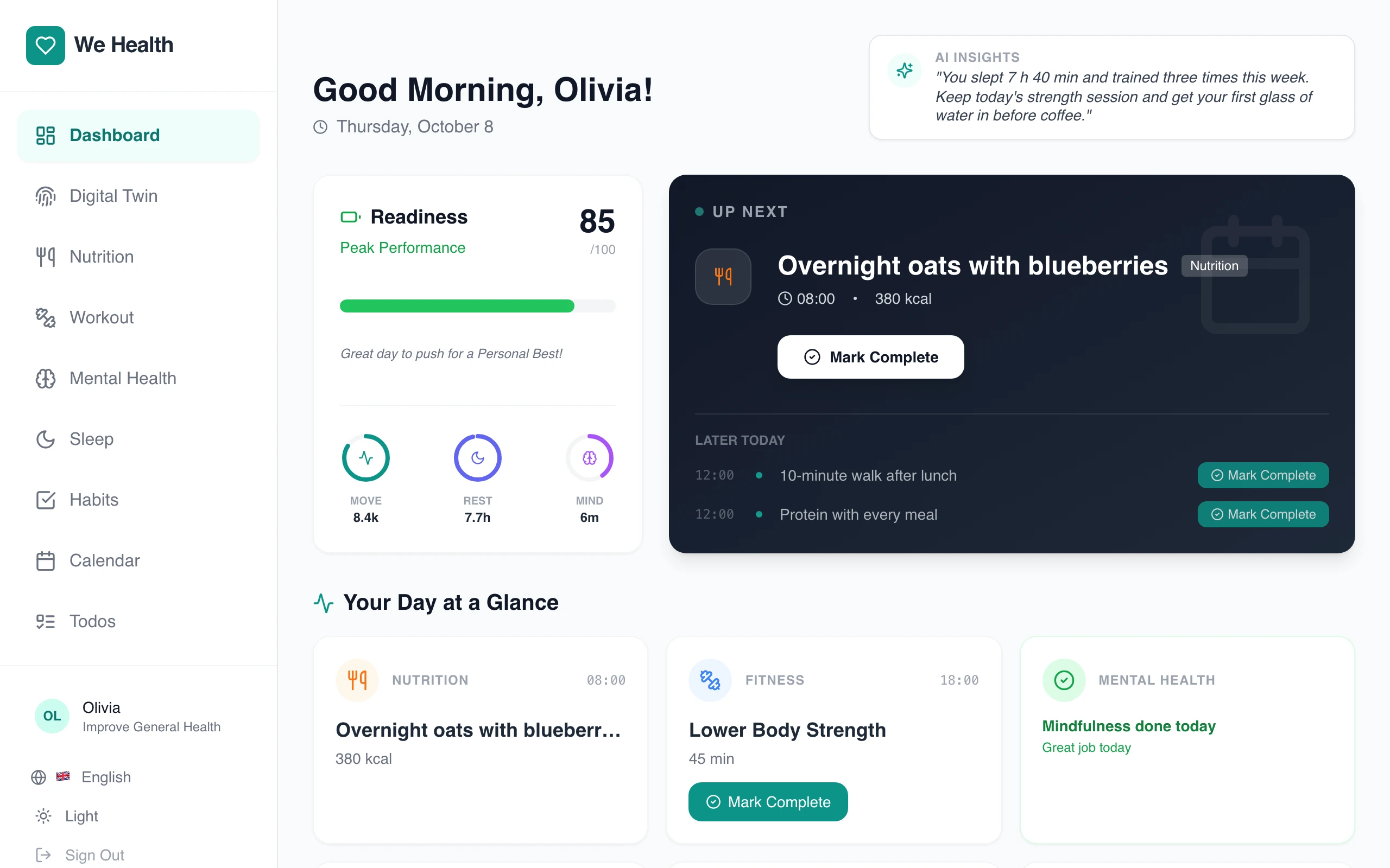 The We Health dashboard on a morning: a readiness score of 85, the next meal under Up next, and one card each for nutrition, fitness and mental health.