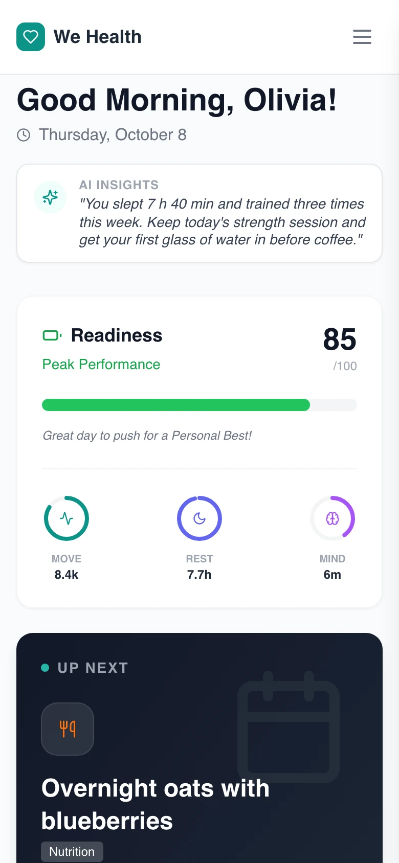 The same dashboard on a phone: today's insight, the readiness score and what is up next.