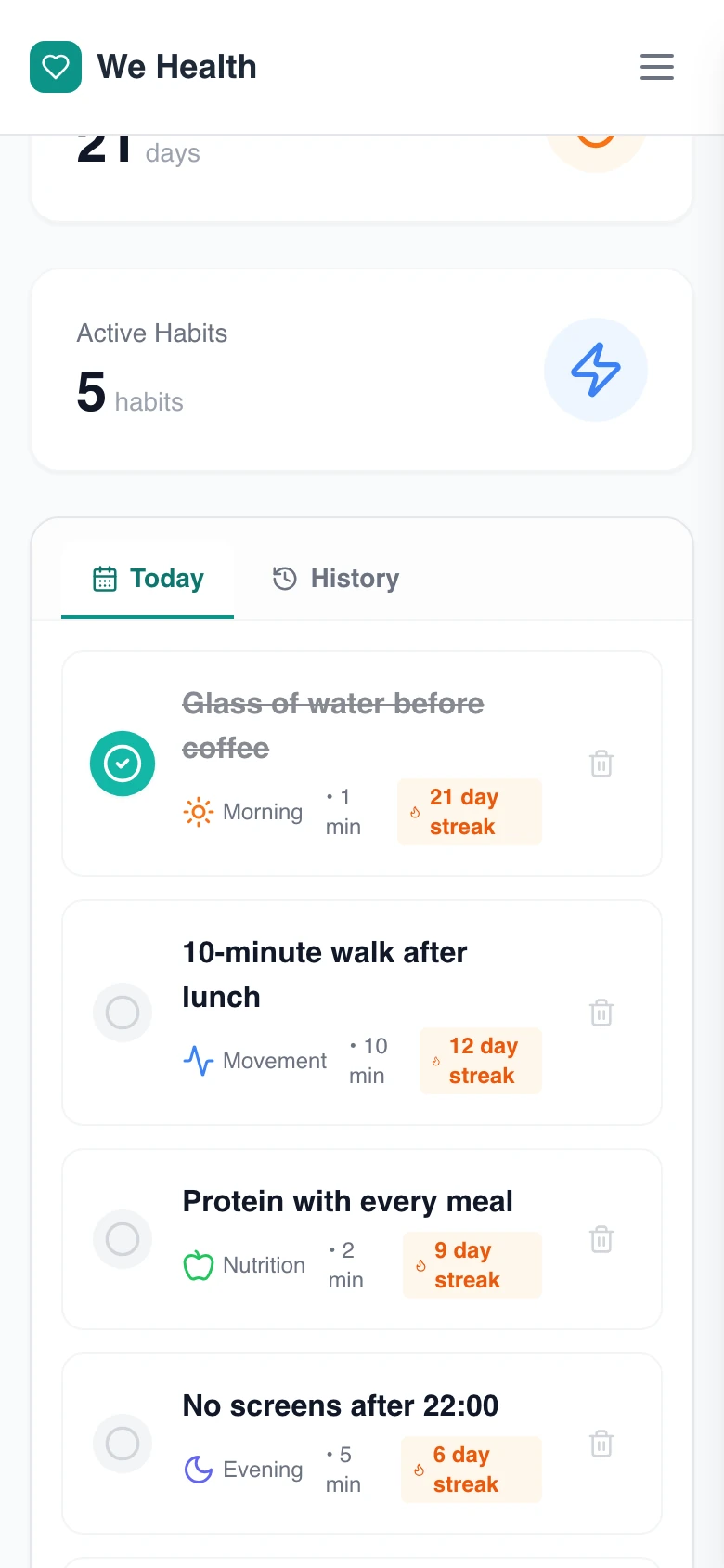 The Habits screen on a phone: today's habits with their streaks, the longest at 21 days.