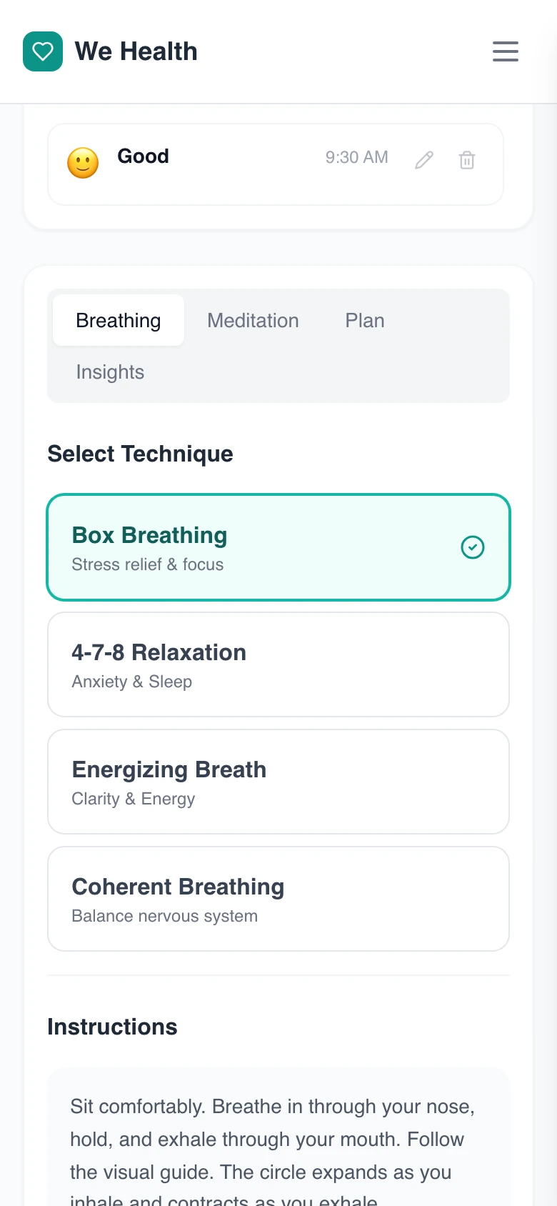 The Mental Health screen on a phone: a mood entry and four guided breathing techniques.
