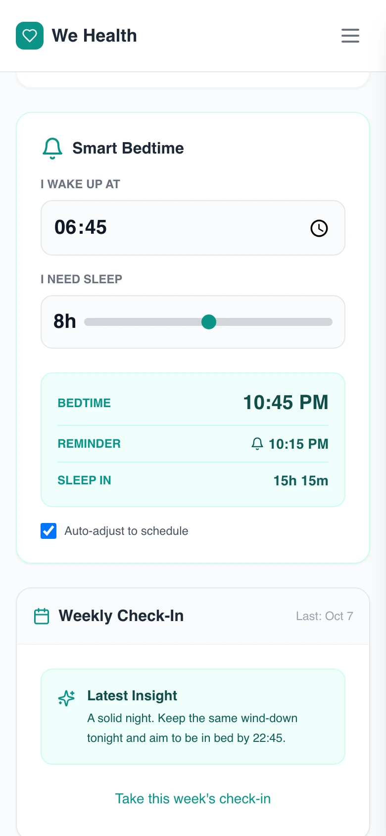 The Sleep screen on a phone: wake-up time, hours needed, tonight's bedtime and reminder.