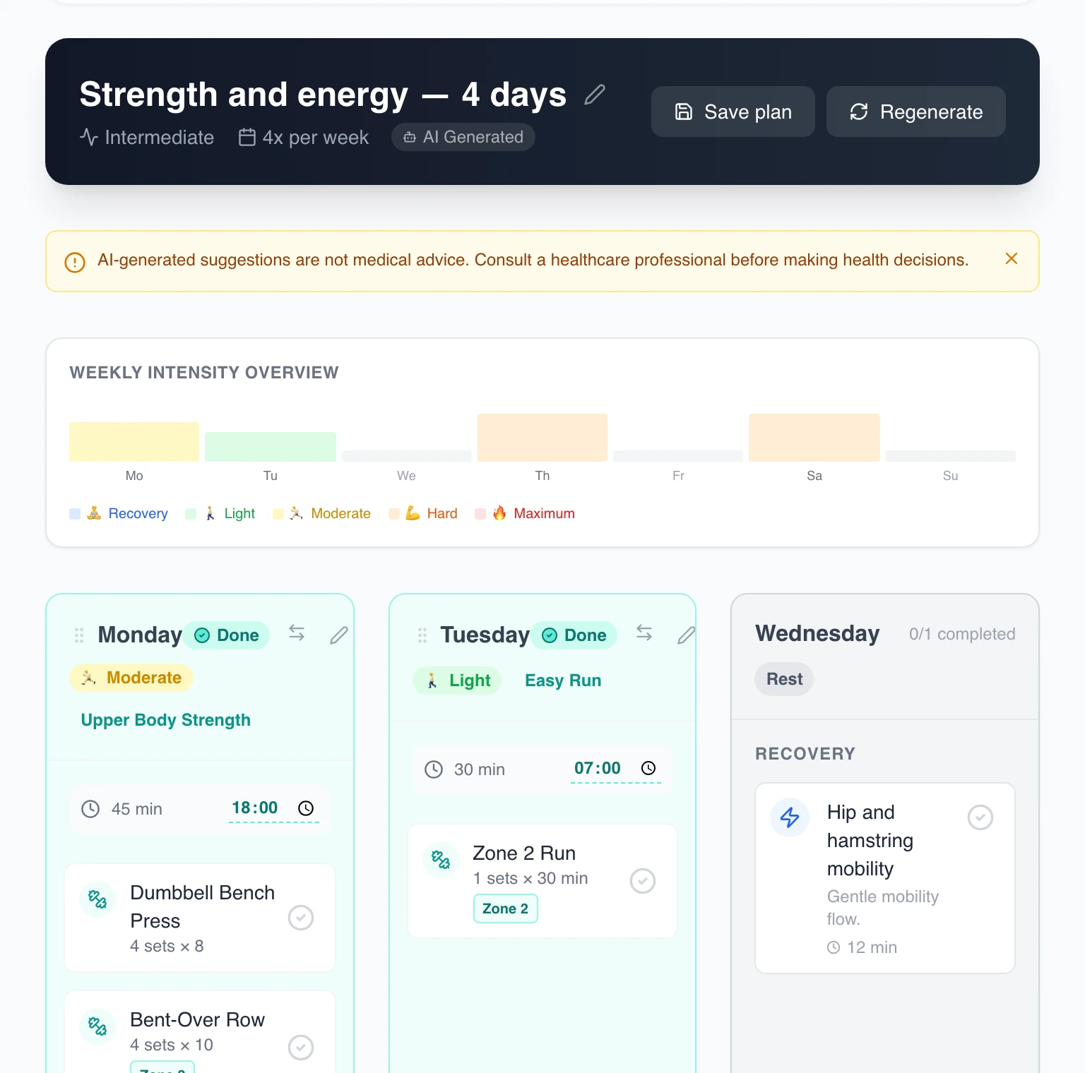The Workout screen: a four-day plan with strength, an easy run, rest days with recovery, and each exercise listed.